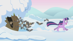 Size: 1280x720 | Tagged: safe, screencap, twilight sparkle, bat, pony, winter wrap up, scared