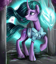 Size: 942x1080 | Tagged: safe, artist:aelwyng, mistmane, pony, unicorn, campfire tales, clothes, curved horn, dragon spirit, ethereal mane, female, magic, mare, solo