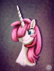 Size: 2233x2916 | Tagged: safe, artist:grayworldcorporation, oc, oc:fausticorn, alicorn, pony, blurry, bust, female, mare, ponified, portrait, sample, smiling, solo