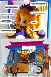 Size: 905x1357 | Tagged: safe, artist:whatthehell!?, edit, adagio dazzle, owl, equestria girls, bracelet, cellphone, chewbacca, doll, equestria girls minis, eqventures of the minis, food, irl, jewelry, parody, phone, photo, r2-d2, spanish, star wars, sushi, tiara, toy, translated in the comments, truck