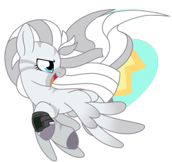 Size: 988x930 | Tagged: safe, artist:prince-lionel, oc, oc only, oc:crystal eclair, pegasus, pony, zebra, zebroid, fallout equestria, digital art, fanfic, fanfic art, female, flying, mare, pip-boy, simple background, wristband, zebra oc