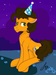 Size: 1024x1365 | Tagged: safe, artist:ponyn3rd, cheese sandwich, pony, hat, night, party hat, sitting, solo
