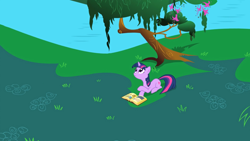 Size: 1920x1080 | Tagged: safe, screencap, twilight sparkle, unicorn twilight, pony, unicorn, friendship is magic, season 1, book, book of harmony, female, grass, looking up, mare, meadow, overhead view, pond, prone, sitting, solo, tree, water