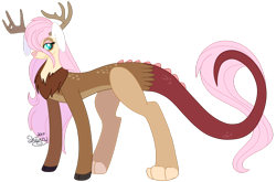 Size: 1024x675 | Tagged: safe, artist:shiiazu, oc, oc only, oc:gaia, deer, draconequus, hybrid, pony, antlers, bunny ears, cloven hooves, coat markings, colored pupils, draconequus oc, dragon tail, female, fluffy, hooves, interspecies offspring, mare, next generation, offspring, parent:discord, parent:fluttershy, parents:discoshy, paws, scales, simple background, solo, spots, transparent background