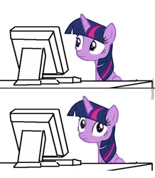 Size: 817x937 | Tagged: safe, twilight sparkle, twilight sparkle (alicorn), alicorn, pony, computer, keyboard, meme, monitor, reaction image, solo