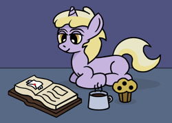 Size: 779x561 | Tagged: safe, artist:gogglesparks, dinky hooves, pony, unicorn, book, female, filly, food, muffin, mug, ponyloaf, prone, reading, solo