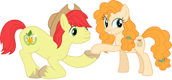 Size: 6431x3001 | Tagged: safe, artist:cloudyglow, bright mac, pear butter, earth pony, pony, the perfect pear, .ai available, absurd resolution, applejack's parents, brightbutter, cowboy hat, female, hat, holding hooves, husband and wife, male, mare, shipping, simple background, smiling, stallion, stetson, straight, transparent background, vector