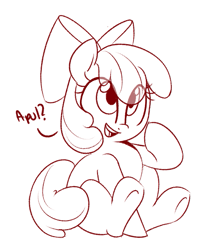 Size: 861x1019 | Tagged: safe, artist:notenoughapples, apple bloom, pony, appul, cute, dialogue, monochrome, open mouth, sitting, sketch, solo