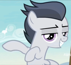 Size: 812x740 | Tagged: safe, screencap, rumble, pegasus, pony, marks and recreation, colt, cropped, discovery family logo, grin, male, smiling, smug, solo