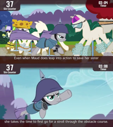 Size: 854x960 | Tagged: safe, screencap, maud pie, earth pony, pony, maud pie (episode), cinemare sins, determined, female, helmet, leaping, mare, obstacle course, pickelhaube, ponyquin, running, solo