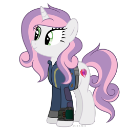 Size: 6000x6000 | Tagged: safe, artist:suramii, sweetie belle, pony, unicorn, fallout equestria, absurd resolution, clothes, female, mare, older, older sweetie belle, overmare, pipbuck, simple background, smiling, solo, transparent background, vault suit, vector
