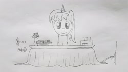 Size: 4032x2268 | Tagged: safe, artist:parclytaxel, oc, oc only, oc:parcly taxel, alicorn, pony, ain't never had friends like us, albumin flask, alicorn oc, book, female, flower pot, hiroshima, horn ring, japan, kotatsu, lineart, looking down, mare, monochrome, parcly taxel in japan, pencil drawing, remote control, sitting, smiling, solo, story included, tissue box, traditional art