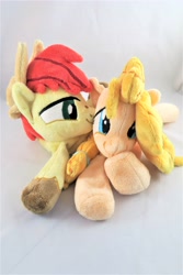 Size: 3648x5472 | Tagged: safe, artist:kazzysart, bright mac, pear butter, pony, beanie (plushie), brightbutter, female, high res, irl, male, photo, plushie, prone, shipping, straight