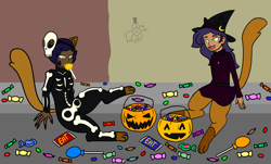 Size: 1500x903 | Tagged: safe, artist:oneovertwo, oc, oc only, oc:cooper, oc:jazz, satyr, my little pony: the movie, bone, candy, clothes, costume, food, halloween, holiday, offspring, parent:capper dapperpaws, pumpkin bucket, skeleton, skeleton costume, witch