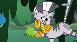 Size: 1366x748 | Tagged: safe, screencap, zecora, pony, zebra, a health of information, carousel (tv channel), criss cross moss, ear piercing, earring, faic, jewelry, lip bite, looking at you, muck, not what it looks like, out of context, piercing, pouting, raised tail, swamp, swamp fever plant, tail, tail pull