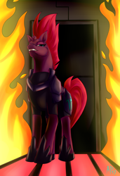 Size: 1024x1501 | Tagged: safe, artist:heart-of-a-dragoness, tempest shadow, pony, unicorn, my little pony: the movie, armor, broken horn, female, fire, horn, mare, open up your eyes, small head, solo