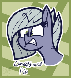 Size: 955x1054 | Tagged: safe, artist:binkyt11, derpibooru exclusive, part of a set, limestone pie, earth pony, pony, abstract background, angry, female, mare, sharp teeth, signature, solo, teeth