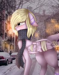 Size: 1491x1903 | Tagged: safe, artist:karinanight125, oc, oc only, oc:sakai yuno, pegasus, pony, car, clothes, female, floppy ears, mare, scarf, snow, solo