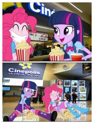 Size: 3106x4096 | Tagged: safe, pinkie pie, twilight sparkle, equestria girls, cinema, equestria girls in real life, food, irl, mess, photo, popcorn