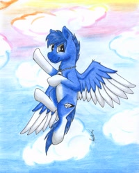 Size: 2440x3057 | Tagged: safe, artist:saxpony, oc, oc only, pegasus, pony, cloud, flying, male, stallion, traditional art