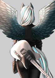 Size: 1400x2000 | Tagged: safe, artist:di-dash, oc, oc only, oc:crosswind, anthro, pegasus, anthro oc, clothes, female, gloves, guitar, jacket, mare, rear view, solo, spread wings, wings, ych result