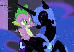 Size: 3507x2452 | Tagged: safe, artist:porygon2z, nightmare moon, spike, alicorn, dragon, pony, crack shipping, cute, duo, eyes closed, looking at each other, moonabetes, nicemare moon, shipping, smiling, spikelove, spikemoon