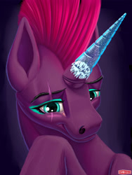 Size: 1440x1920 | Tagged: safe, artist:wwredgrave, tempest shadow, pony, unicorn, my little pony: the movie, blushing, broken horn, cute, epoxy, eye scar, female, horn, makeup, mare, prosthetic horn, prosthetics, scar, simple background, smiling, solo, tempest gets her horn back