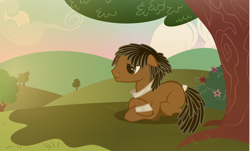 Size: 1923x1159 | Tagged: safe, artist:xenoneal, oc, oc only, oc:lorio, earth pony, pony, .svg available, male, prone, solo, stallion, svg, tree, vector