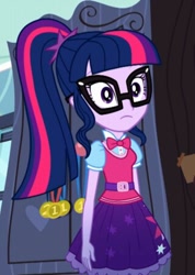 Size: 320x450 | Tagged: safe, screencap, sci-twi, twilight sparkle, eqg summertime shorts, equestria girls, bowtie, clothes, cropped, glasses, ponytail, skirt, solo