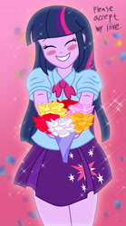 Size: 1110x1992 | Tagged: safe, artist:sumin6301, twilight sparkle, equestria girls, bouquet, clothes, cute, dialogue, eyes closed, female, flower, pleated skirt, skirt, smiling, solo