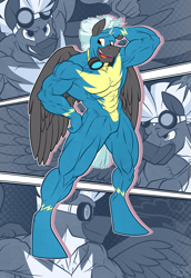 Size: 873x1270 | Tagged: safe, artist:ponyanony, thunderlane, anthro, unguligrade anthro, bodysuit, clothes, goggles, male, muscles, skintight clothes, solo, uniform, wonderbolts uniform, zoom layer