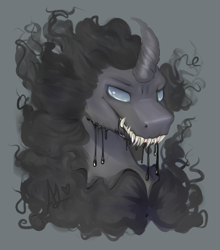 Size: 2200x2500 | Tagged: dead source, safe, artist:thefluffyvixen, pony of shadows, pony, shadow play, curved horn, fangs, looking at you, male, salivating, sharp teeth, simple background, solo, stallion, teeth