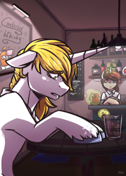 Size: 2500x3500 | Tagged: safe, artist:lrusu, prince blueblood, oc, pony, unicorn, alcohol, bar, bartender, clothes, commission, glowing horn, magic, male, stallion, telekinesis, unshorn fetlocks