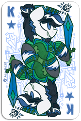 Size: 400x600 | Tagged: safe, artist:azimooth, oc, oc only, oc:jacob star seeker, unicorn, blue eyes, cutie mark, facial hair, goatee, king, playing card, ponytail, sideburns, skunk stripe, smiling, sword, unshorn fetlocks, weapon