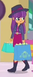 Size: 143x327 | Tagged: safe, screencap, ginger owlseye, eqg summertime shorts, equestria girls, shake things up!, background human, bag, boots, clothes, cropped, fedora, hat, jacket, leather jacket, shoes