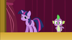 Size: 1360x764 | Tagged: safe, screencap, spike, twilight sparkle, dragon, too many pinkie pies, scrunchy face