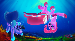 Size: 2970x1620 | Tagged: safe, artist:althyra-nex, pinkie pie, twilight sparkle, pony, underwater