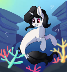 Size: 1200x1300 | Tagged: safe, artist:passigcamel, oc, oc only, pony, seapony (g4), unicorn, clothes, commission, ocean, solo, species swap, underwater