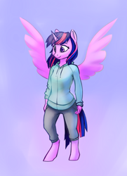 Size: 1926x2657 | Tagged: safe, artist:lilfunkman, twilight sparkle, twilight sparkle (alicorn), alicorn, anthro, unguligrade anthro, clothes, female, hoodie, mare, pants, solo