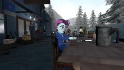 Size: 1280x720 | Tagged: safe, artist:horsesplease, principal abacus cinch, dog, human, equestria girls, 3d, crossover, diary, flag, gmod, gun, inn, mercenary, mountain, snow, soldier, spy, story included, team fortress 2, weapon, writing