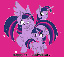 Size: 2100x1900 | Tagged: safe, artist:appelknekten, twilight sparkle, twilight sparkle (alicorn), unicorn twilight, alicorn, unicorn, age progression, female, filly, filly twilight sparkle, happy birthday mlp:fim, mare, mlp fim's seventh anniversary, purple background, self ponidox, simple background, time paradox, triality, younger