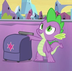 Size: 366x360 | Tagged: safe, screencap, spike, dragon, equestria girls, equestria girls (movie), bag, cropped, crystal empire, smiling