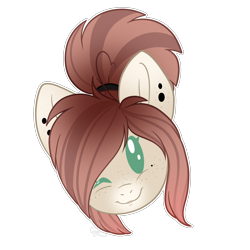 Size: 2000x2000 | Tagged: source needed, safe, artist:creativechibigraphics, oc, oc only, pony, bust, ear piercing, earring, female, freckles, jewelry, looking at you, mare, one eye closed, piercing, ponytail, portrait, simple background, smiling, solo, sticker, transparent background, wink