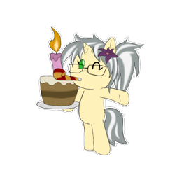 Size: 404x404 | Tagged: safe, artist:sanyo2100, oc, oc only, oc:mercury shine, unicorn, cake, chibi, cute, female, flower, flower in hair, food, one eye closed, simple background, solo, standing, transparent background, wink