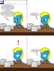 Size: 1204x1604 | Tagged: safe, artist:dekomaru, oc, oc only, oc:the detective, earth pony, pony, ask, comic, exclamation point, male, paper, solo, stallion, tumblr, tumblr:ask twixie