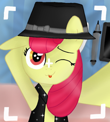 Size: 594x663 | Tagged: safe, artist:dsfranch, apple bloom, pony, beat it, camera shot, clothes, hat, one eye closed, selfie, solo, sparkles, vest, wink