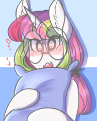 Size: 2000x2500 | Tagged: safe, artist:mimisaurusrex, oc, oc only, oc:stargazer lily, pony, unicorn, blushing, female, glasses, heart eyes, mare, pillow, surprised, wingding eyes