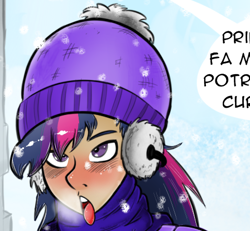 Size: 448x414 | Tagged: safe, artist:fbertu, twilight sparkle, human, cap, cropped, hat, humanized, open mouth, snow