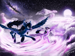 Size: 2000x1500 | Tagged: safe, artist:althyra-nex, twilight sparkle, twilight sparkle (alicorn), oc, alicorn, pegasus, pony, cloud, flying, happy, moon, night, stars