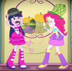 Size: 639x635 | Tagged: safe, screencap, pinkie pie, twilight sparkle, a photo booth story, eqg summertime shorts, equestria girls, mmmystery on the friendship express, deerstalker, duo, female, hat, magnifying glass